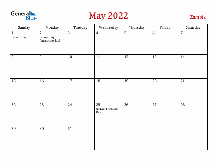 Zambia May 2022 Calendar - Sunday Start