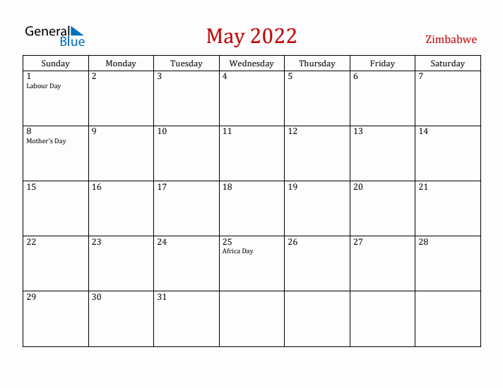 Zimbabwe May 2022 Calendar - Sunday Start