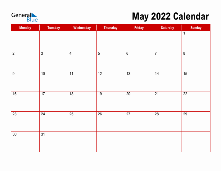 Simple Monthly Calendar - May 2022