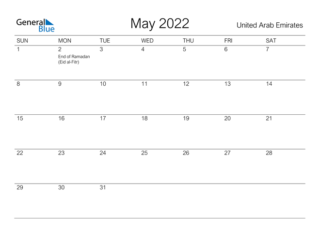 Printable May 2022 Calendar for United Arab Emirates