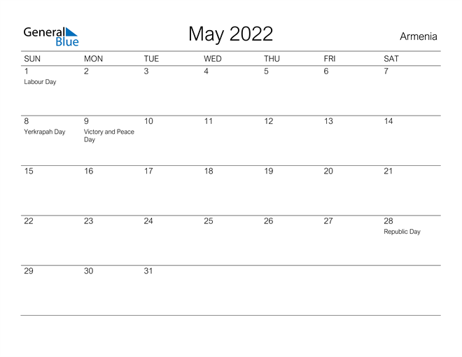 armenia may 2022 calendar with holidays