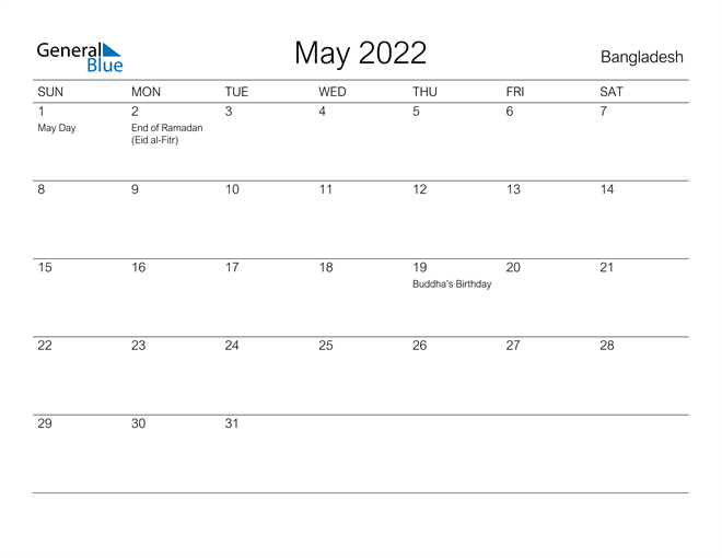 Printable May 2022 Calendar for Bangladesh