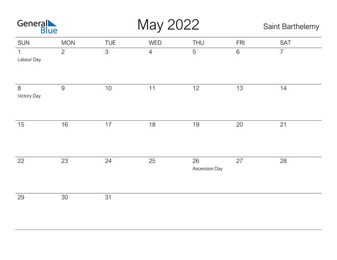 Printable May 2022 Calendar for Saint Barthelemy