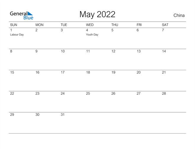 Printable May 2022 Calendar for China