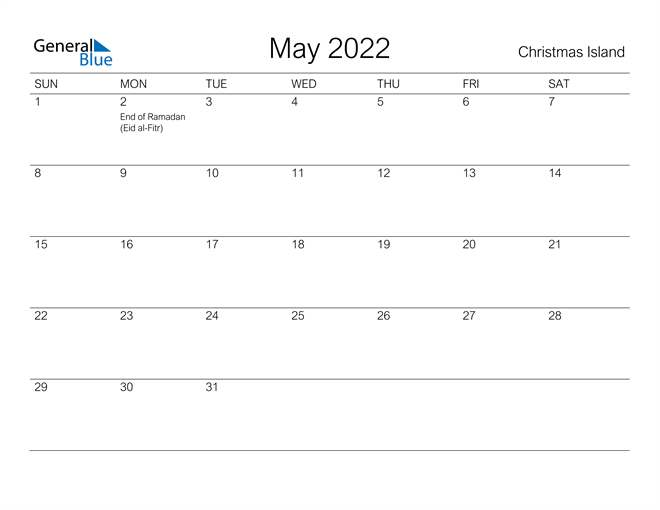Printable May 2022 Calendar for Christmas Island