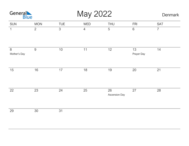 Printable May 2022 Calendar for Denmark