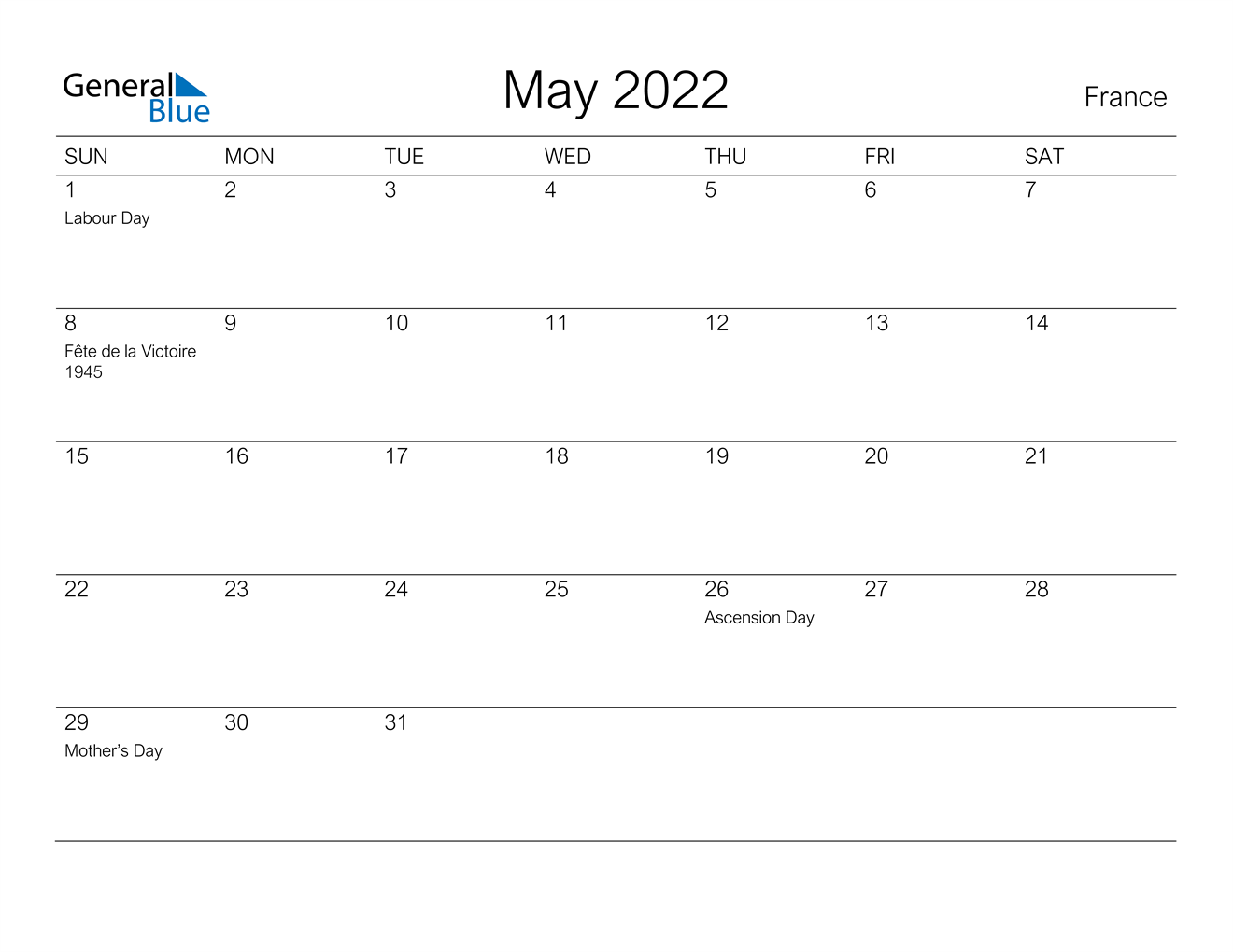 May 2022 Calendar - France