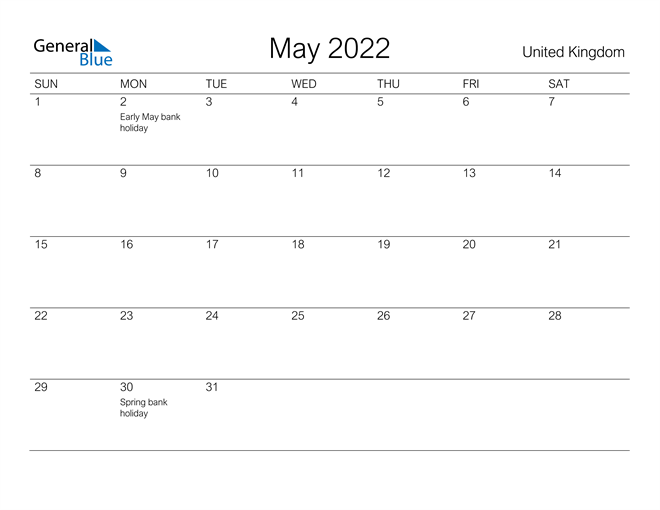 may 2022 calendar with united kingdom holidays