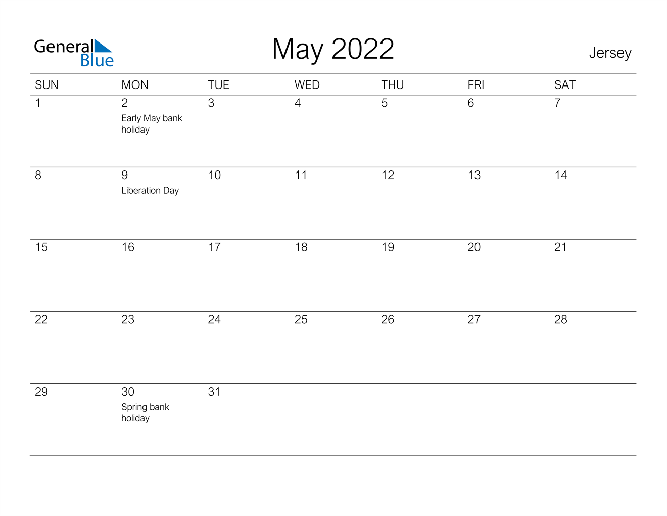 May 2022 Calendar Jersey