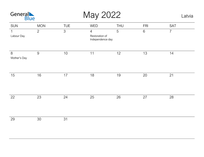 Printable May 2022 Calendar for Latvia
