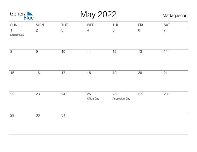 Printable May 2022 Calendar for Madagascar