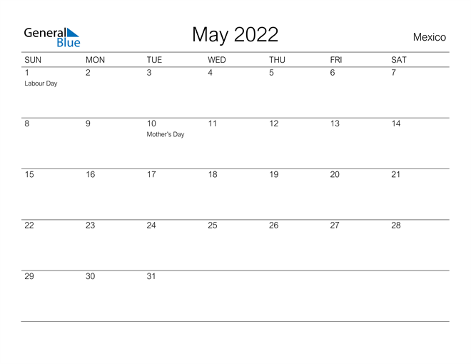 Printable May 2022 Calendar for Mexico