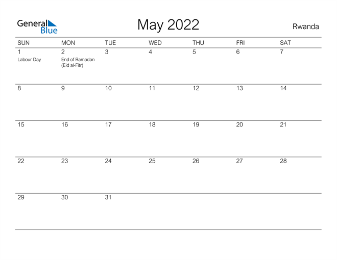 Printable May 2022 Calendar for Rwanda