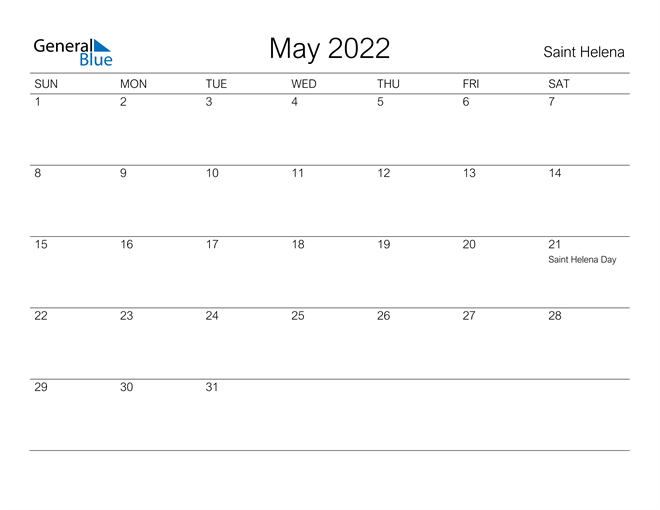 Printable May 2022 Calendar for Saint Helena