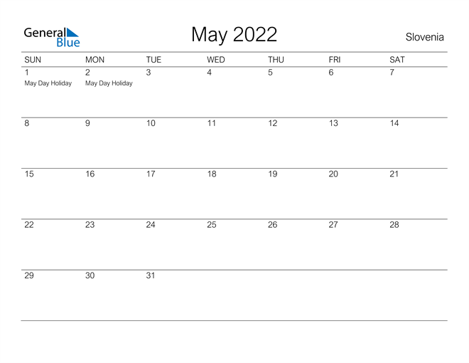 Printable May 2022 Calendar for Slovenia