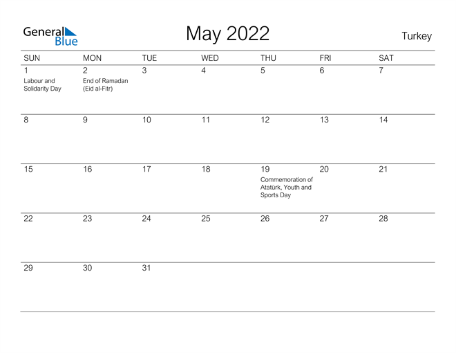 Printable May 2022 Calendar for Turkey