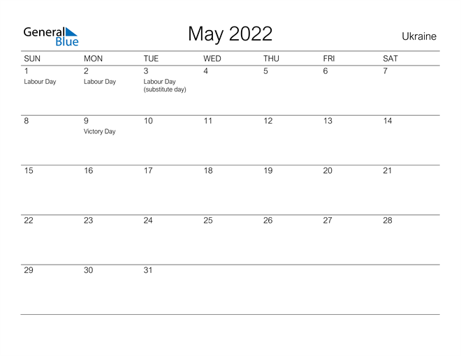 Printable May 2022 Calendar for Ukraine