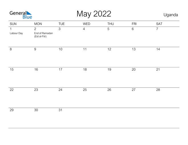 Printable May 2022 Calendar for Uganda