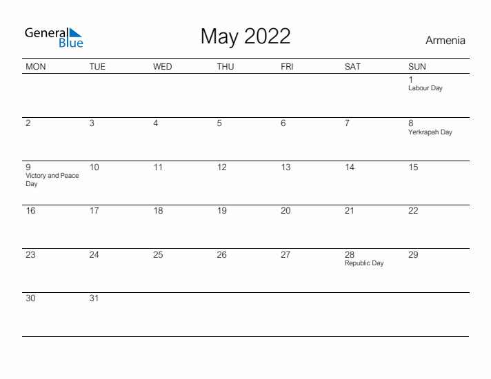 Printable May 2022 Calendar for Armenia