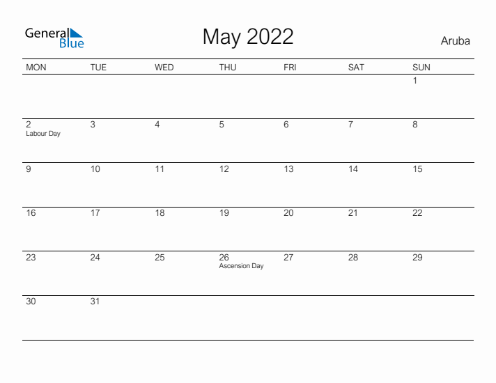 Printable May 2022 Calendar for Aruba