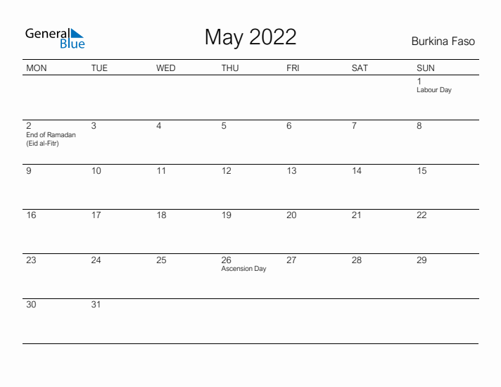 Printable May 2022 Calendar for Burkina Faso