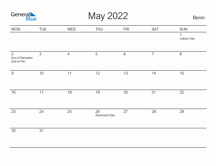 Printable May 2022 Calendar for Benin