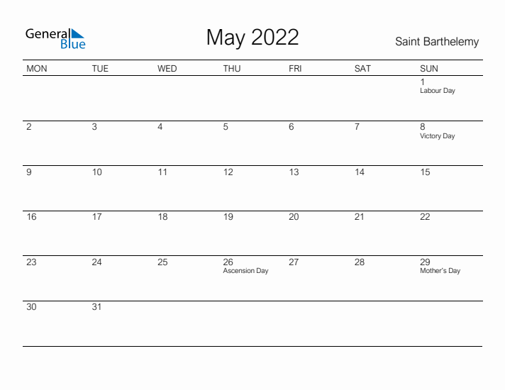 Printable May 2022 Calendar for Saint Barthelemy