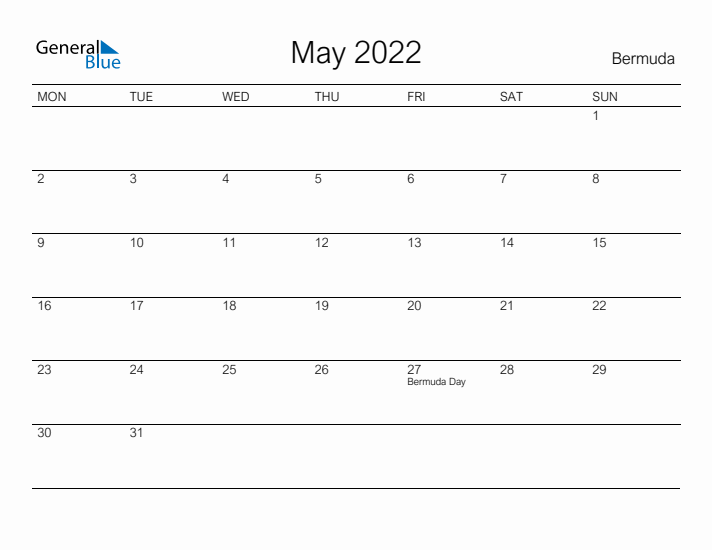 Printable May 2022 Calendar for Bermuda