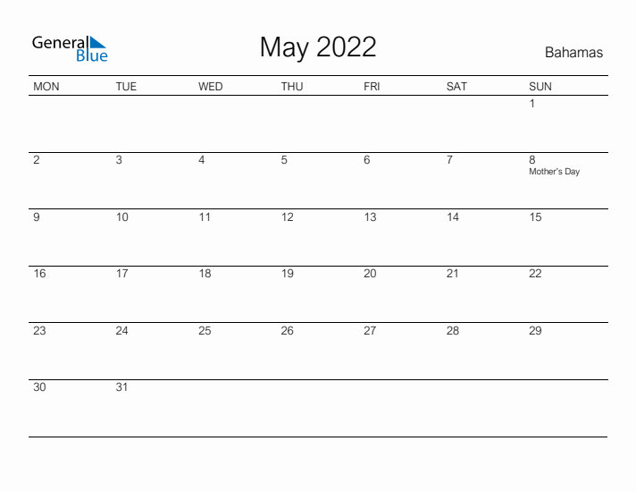 Printable May 2022 Calendar for Bahamas