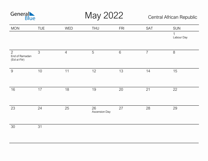 Printable May 2022 Calendar for Central African Republic