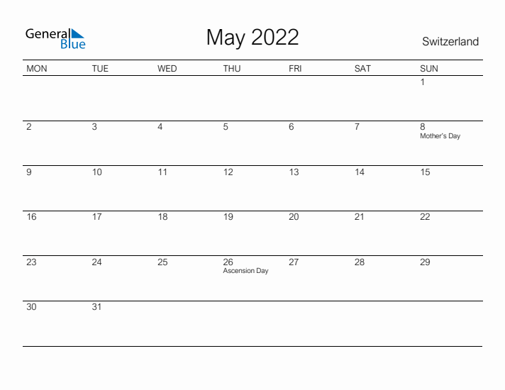 Printable May 2022 Calendar for Switzerland