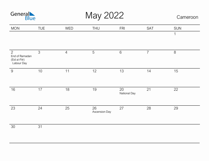 Printable May 2022 Calendar for Cameroon