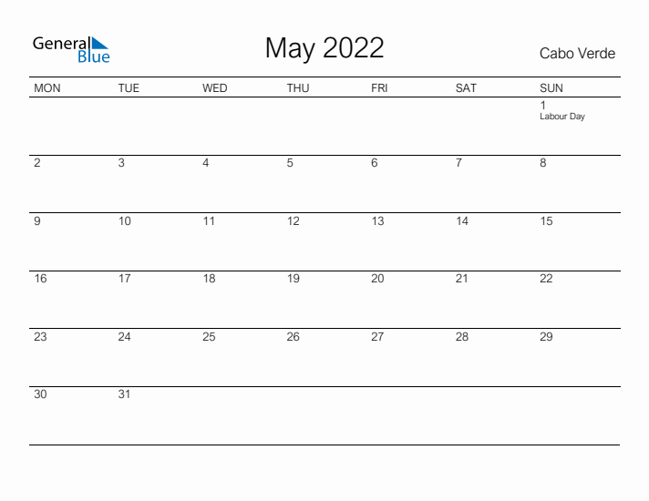 Printable May 2022 Calendar for Cabo Verde