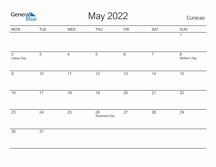 Printable May 2022 Calendar for Curacao