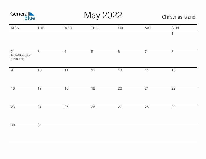 Printable May 2022 Calendar for Christmas Island