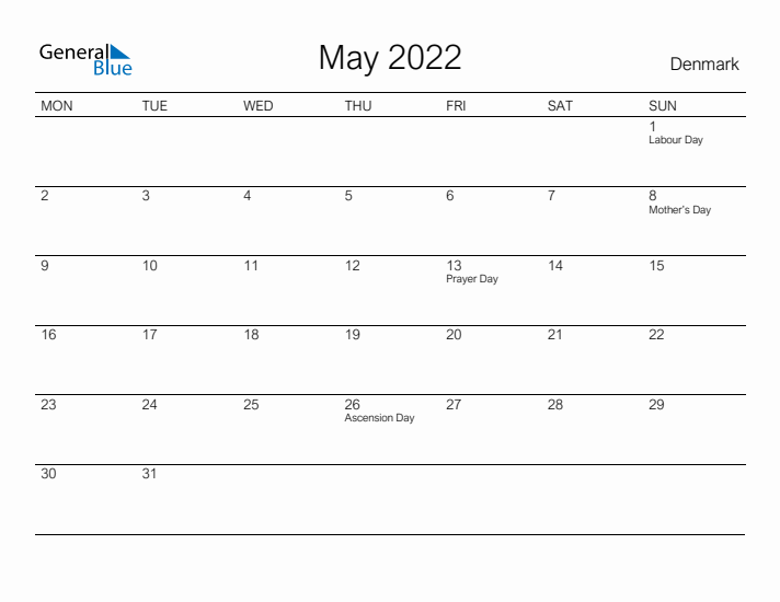 Printable May 2022 Calendar for Denmark