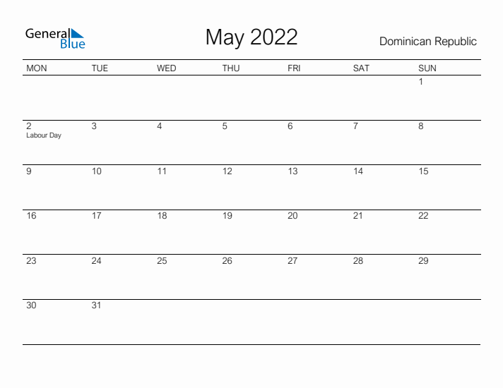 Printable May 2022 Calendar for Dominican Republic