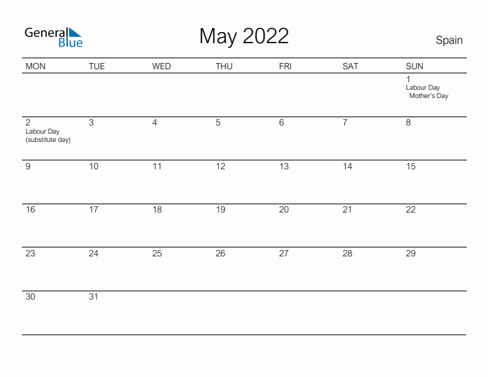 Printable May 2022 Calendar for Spain
