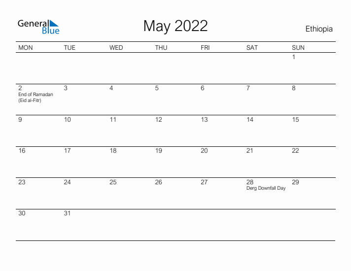 Printable May 2022 Calendar for Ethiopia