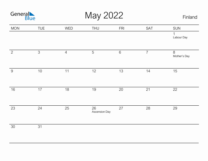 Printable May 2022 Calendar for Finland