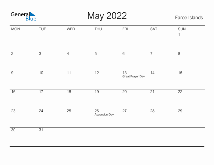 Printable May 2022 Calendar for Faroe Islands