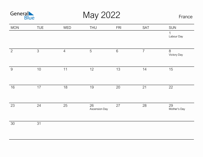 Printable May 2022 Calendar for France