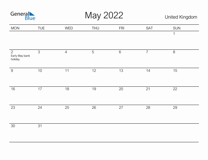 Printable May 2022 Calendar for United Kingdom
