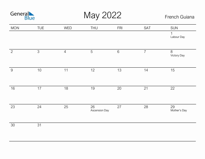 Printable May 2022 Calendar for French Guiana