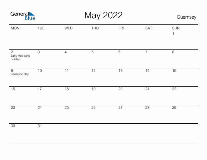 Printable May 2022 Calendar for Guernsey