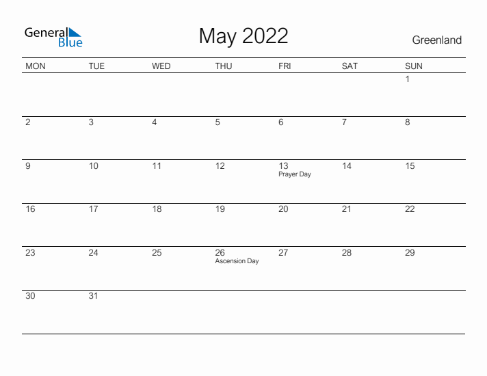 Printable May 2022 Calendar for Greenland