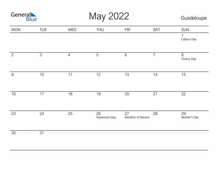 Printable May 2022 Calendar for Guadeloupe