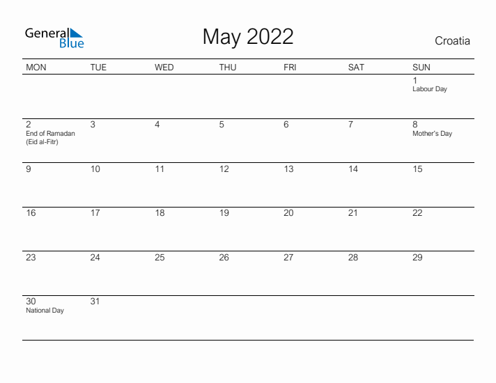 Printable May 2022 Calendar for Croatia