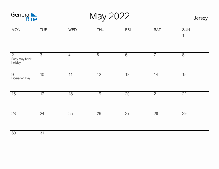Printable May 2022 Calendar for Jersey