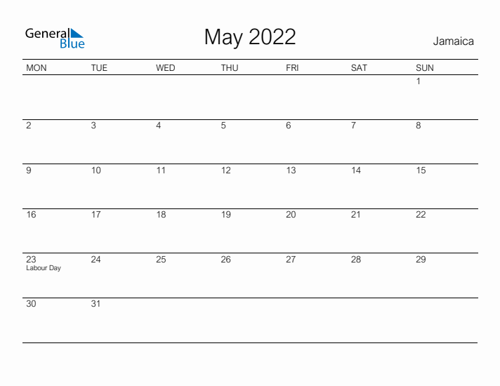 Printable May 2022 Calendar for Jamaica